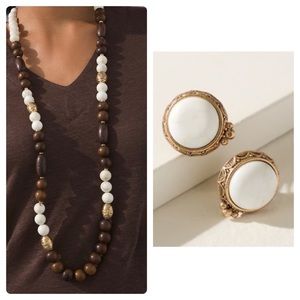 Chicos Wood Long Necklace and Earrings Set